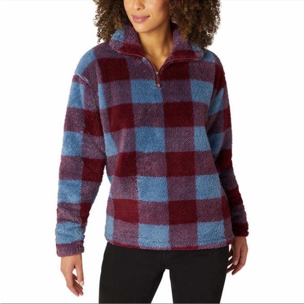 Eddie Bauer Purple Burgundy Plaid Teddy Fleece Jacket size Med - Picture 1 of 12